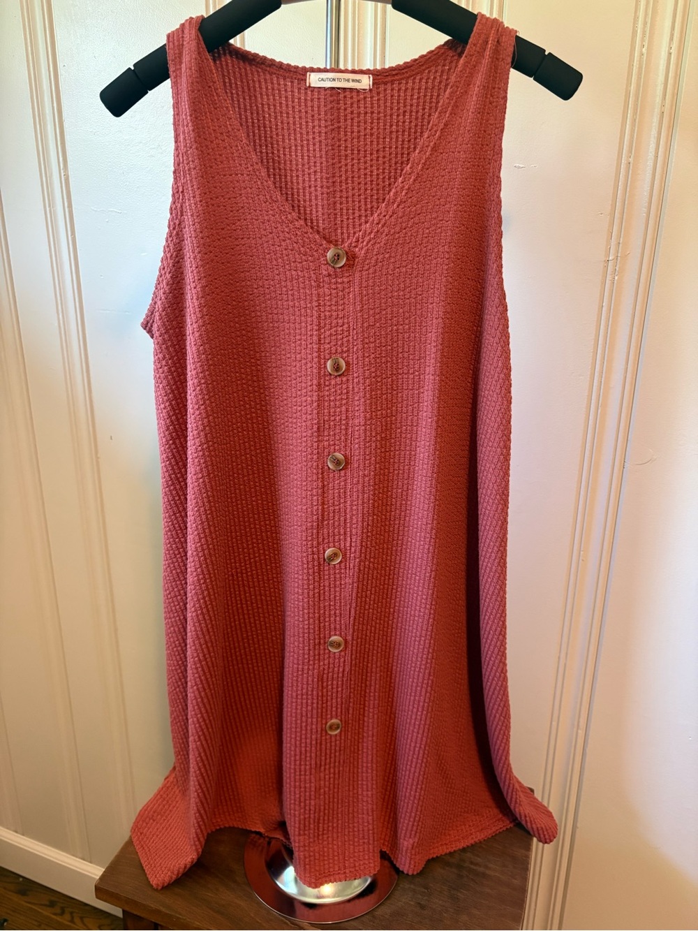 Caution To The Wind Sleeveless Waffle Knit Button-Front Mini Dress in Dusty Rose